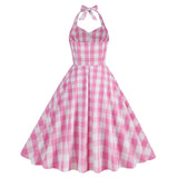 1950S Pink and White Gingham Halter Neck Vintage Swing Dress