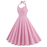 1950S Pink and White Gingham Halter Neck Vintage Swing Dress