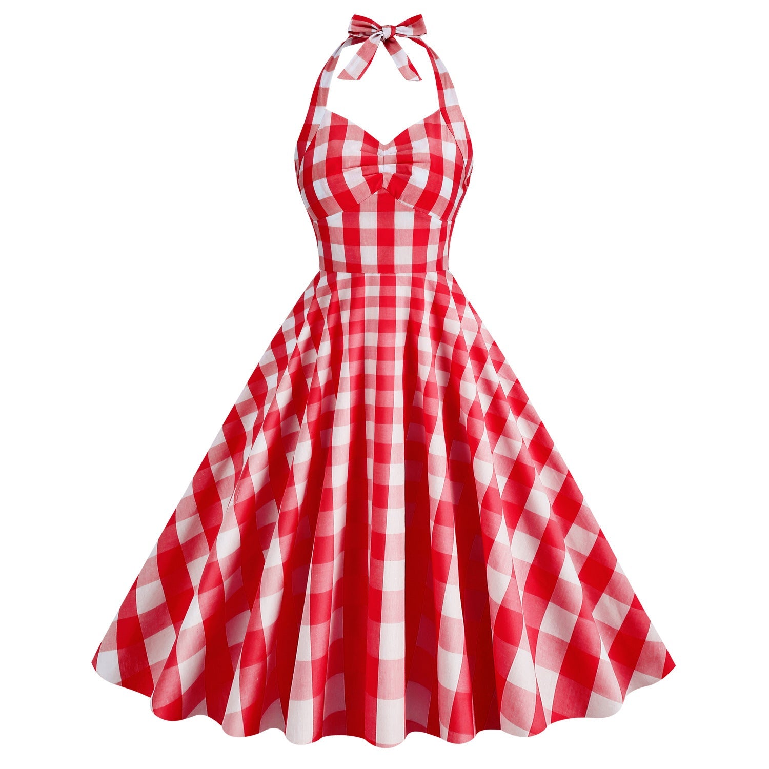 1950S Pink and White Gingham Halter Neck Vintage Swing Dress