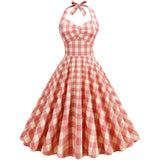 1950S Pink Plaid Halter Neck Vintage Swing Dress