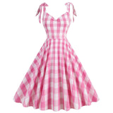 1950S Pink Plaid Retro Bow Detail Sleeveless Vintage Dress