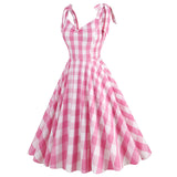 1950S Pink Plaid Retro Bow Detail Sleeveless Vintage Dress