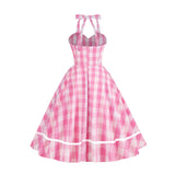 1950S Pink Plaid Retro Halter Button Detail Vintage Dress