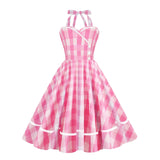1950S Pink Plaid Retro Halter Button Detail Vintage Dress