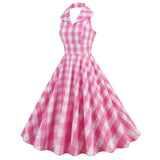 1950s Pink Retro Gingham Halter Neck Sleveless Vintage Dress