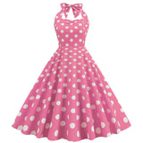 1950S Pink Retro Polka Dot Halter Belted Sleeveless Vintage Dress