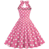 1950S Pink Retro Polka Dot Halter Belted Sleeveless Vintage Dress