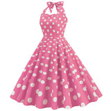1950S Pink Retro Polka Dot Halter Belted Sleeveless Vintage Dress