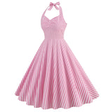 1950S Pink Striped Halter Neck Belted Vintage Dress