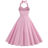 1950S Pink Striped Halter Neck Belted Vintage Dress