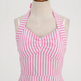 1950S Pink Striped Halter Neck Belted Vintage Dress
