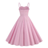 1950S Pink Striped Spaghetti Strap Sleeveless Vintage Dress