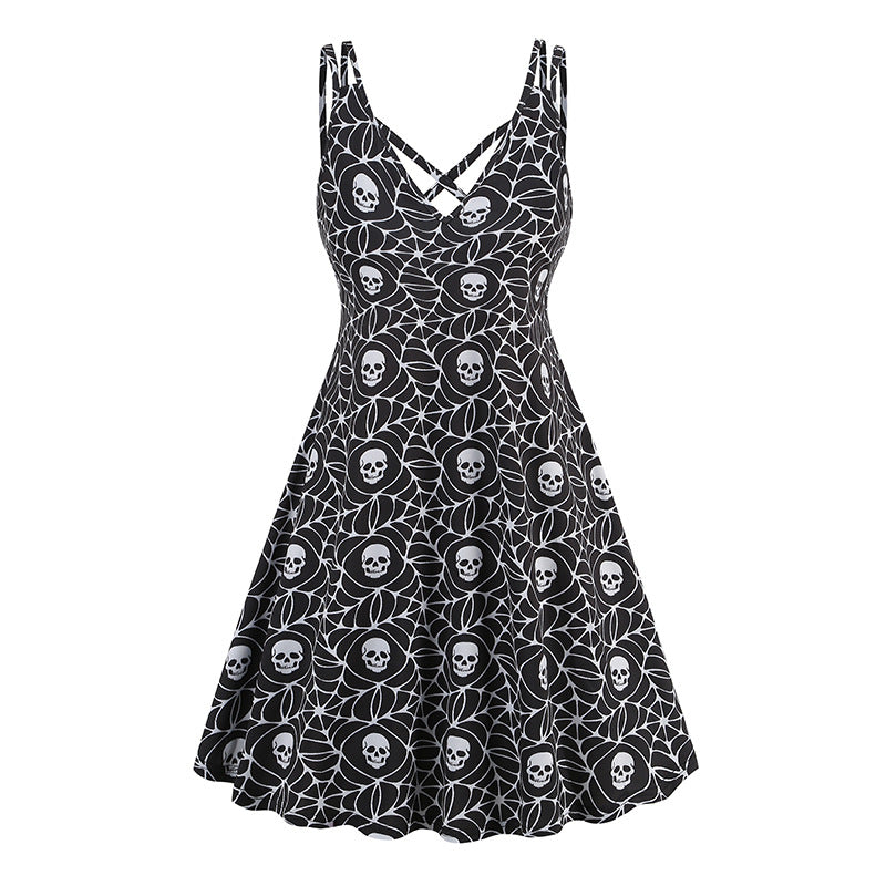 1950S Red and Black Floral Print Strappy Vintage Dress