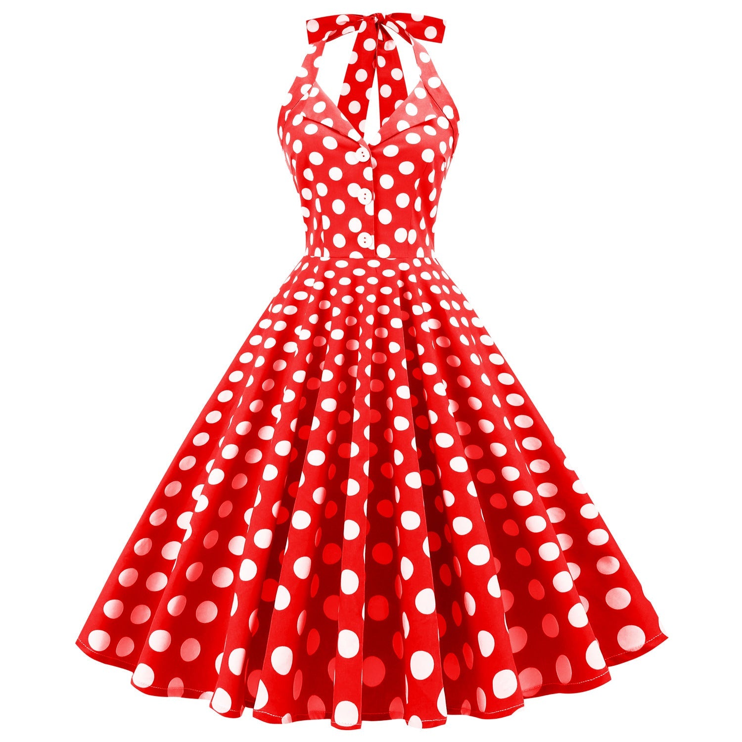 1950S Red and White Checkered Halter Neck Patchwork Buttoned Vintage Dress