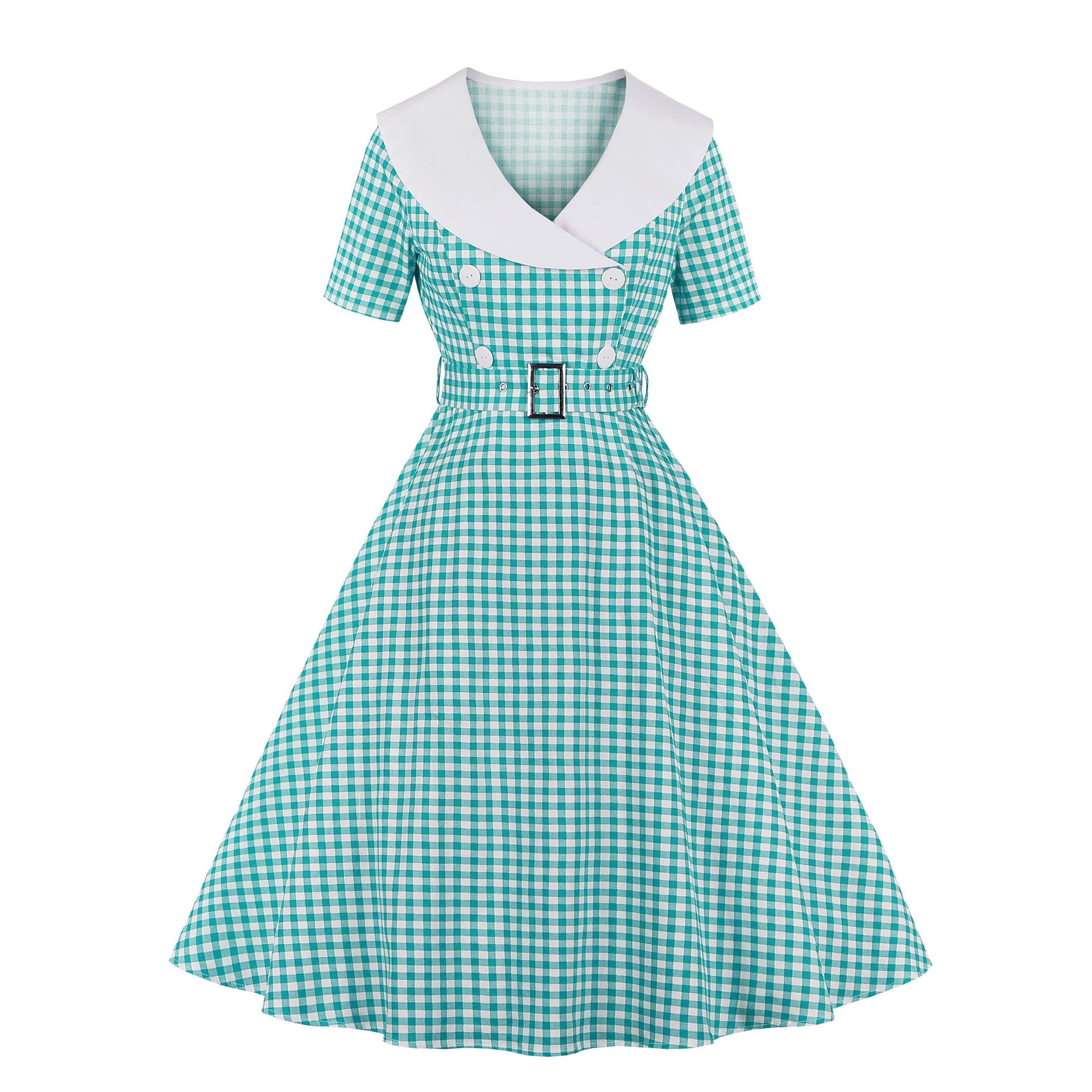 1950S Red and White Gingham Check  Short Sleeve Vintage Dress with White Collar