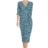 1950s Red Floral Print V-Neck Wrap Midi Dress with 3/4 Sleeves and Front Slit