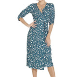 1950s Red Floral Print V-Neck Wrap Midi Dress with 3/4 Sleeves and Front Slit