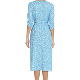 1950s Red Floral Print V-Neck Wrap Midi Dress with 3/4 Sleeves and Front Slit