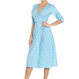 1950s Red Floral Print V-Neck Wrap Midi Dress with 3/4 Sleeves and Front Slit