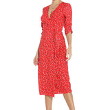 1950s Red Floral Print V-Neck Wrap Midi Dress with 3/4 Sleeves and Front Slit