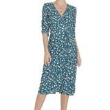 1950s Red Floral Print V-Neck Wrap Midi Dress with 3/4 Sleeves and Front Slit