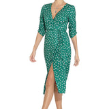 1950s Red Floral Print V-Neck Wrap Midi Dress with 3/4 Sleeves and Front Slit