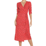 1950s Red Floral Print V-Neck Wrap Midi Dress with 3/4 Sleeves and Front Slit