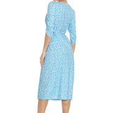 1950s Red Floral Print V-Neck Wrap Midi Dress with 3/4 Sleeves and Front Slit