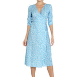1950s Red Floral Print V-Neck Wrap Midi Dress with 3/4 Sleeves and Front Slit