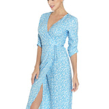 1950s Red Floral Print V-Neck Wrap Midi Dress with 3/4 Sleeves and Front Slit