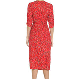 1950s Red Floral Print V-Neck Wrap Midi Dress with 3/4 Sleeves and Front Slit
