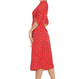 1950s Red Floral Print V-Neck Wrap Midi Dress with 3/4 Sleeves and Front Slit