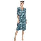 1950s Red Floral Print V-Neck Wrap Midi Dress with 3/4 Sleeves and Front Slit