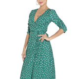 1950s Red Floral Print V-Neck Wrap Midi Dress with 3/4 Sleeves and Front Slit