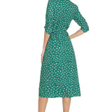 1950s Red Floral Print V-Neck Wrap Midi Dress with 3/4 Sleeves and Front Slit
