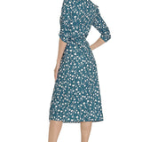 1950s Red Floral Print V-Neck Wrap Midi Dress with 3/4 Sleeves and Front Slit