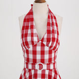1950S Red Gingham Halter Neck Belted Vintage Dress