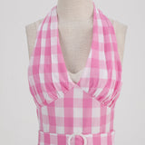 1950S Red Gingham Halter Neck Belted Vintage Dress