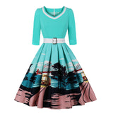 1950S Red London Print Belted 3/4 Sleeve Vintage Dress