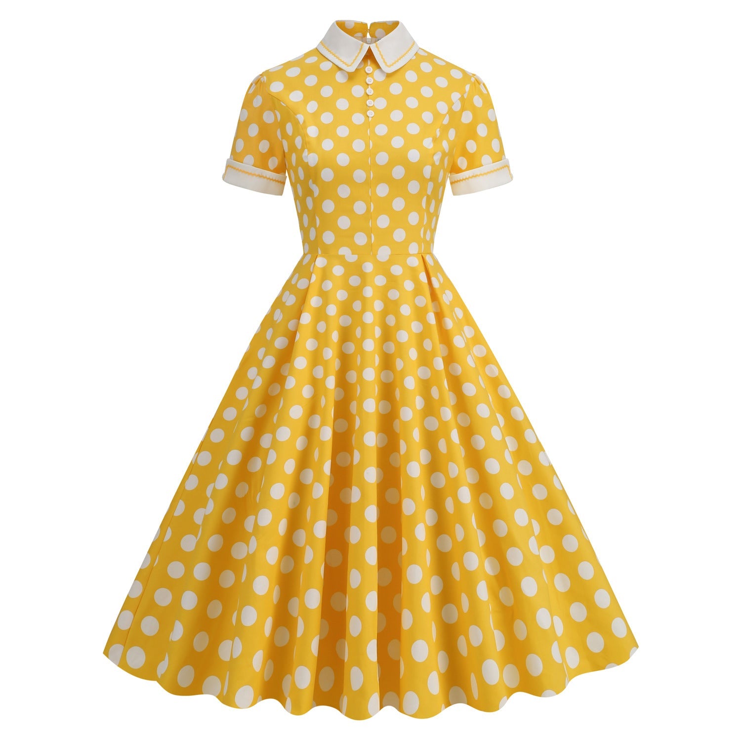 1950S Red Retro Polka Dot Patchwork Belted Short Sleeve Vintage Dress