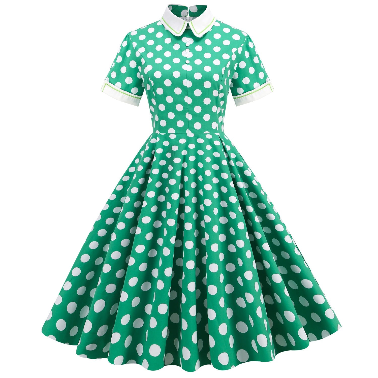 1950S Red Retro Polka Dot Patchwork Belted Short Sleeve Vintage Dress