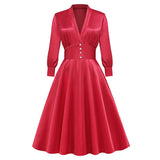 1950S Red Satin Buttoned Belted Long Sleeve Vintage Dress