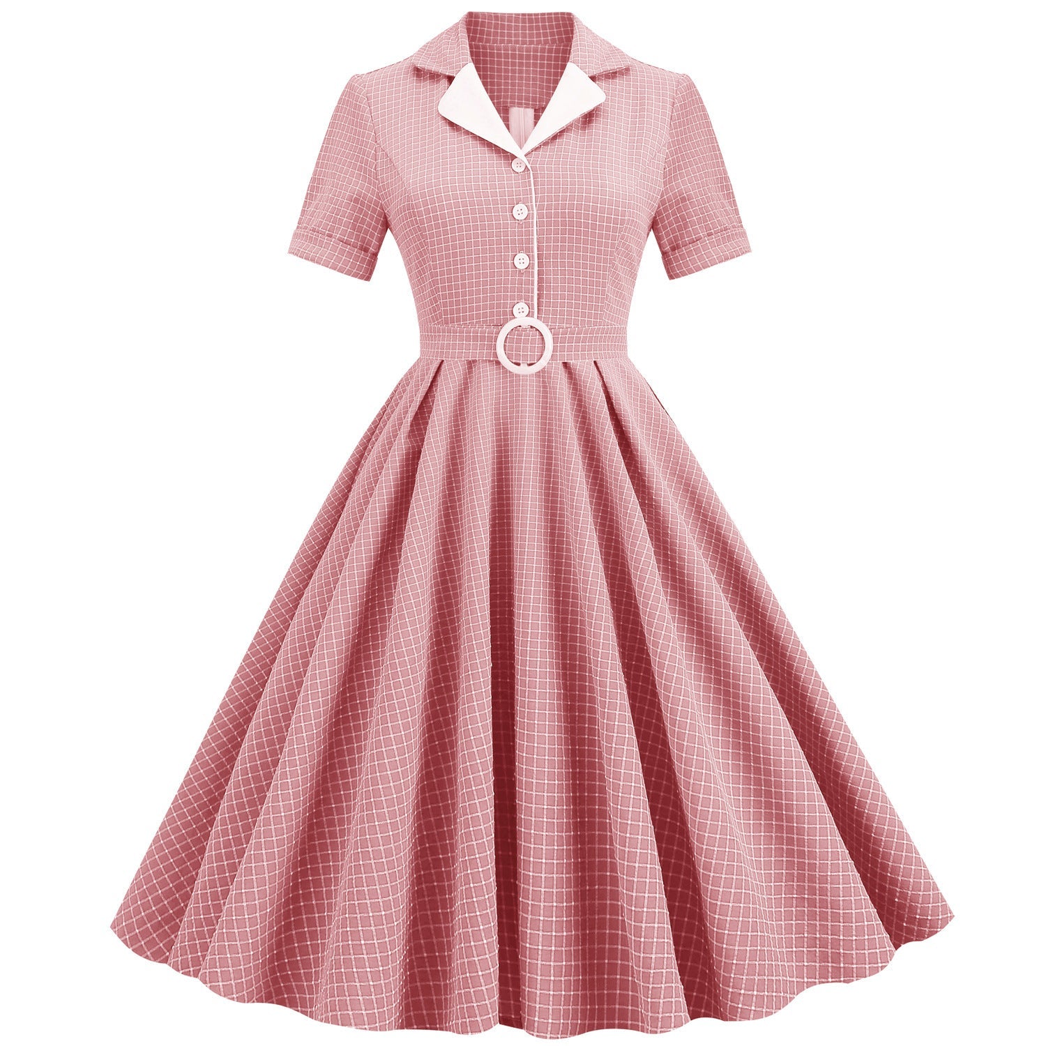 1950S Teal Retro Checkered Belted Short Sleeve Vintage Dress