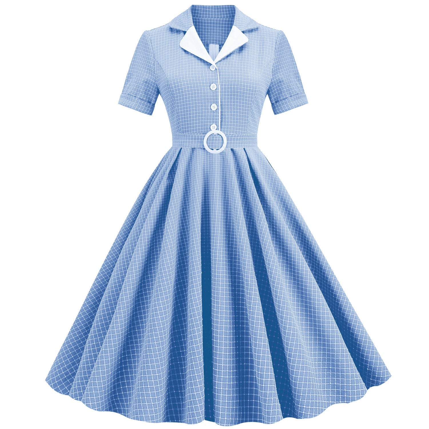 1950S Teal Retro Checkered Belted Short Sleeve Vintage Dress