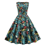 1950s Light Blue Tropical Print Sleeveless Vintage Dress