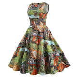 1950s Light Blue Tropical Print Sleeveless Vintage Dress