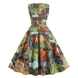 1950s Light Blue Tropical Print Sleeveless Vintage Dress