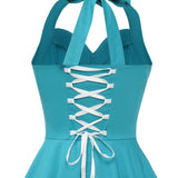 1950S Turquoise Halter Neck Button Detail Vintage Dress