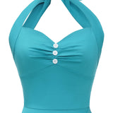 1950S Turquoise Halter Neck Button Detail Vintage Dress