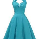 1950S Turquoise Halter Neck Button Detail Vintage Dress